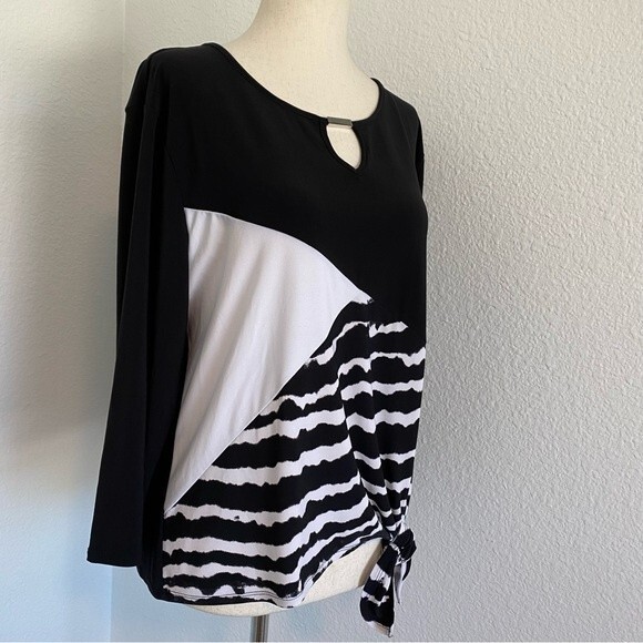 Black White Color Block Wave Pattern Key Hole Cut Out Tie Front Blouse Size PL - Picture 3 of 12